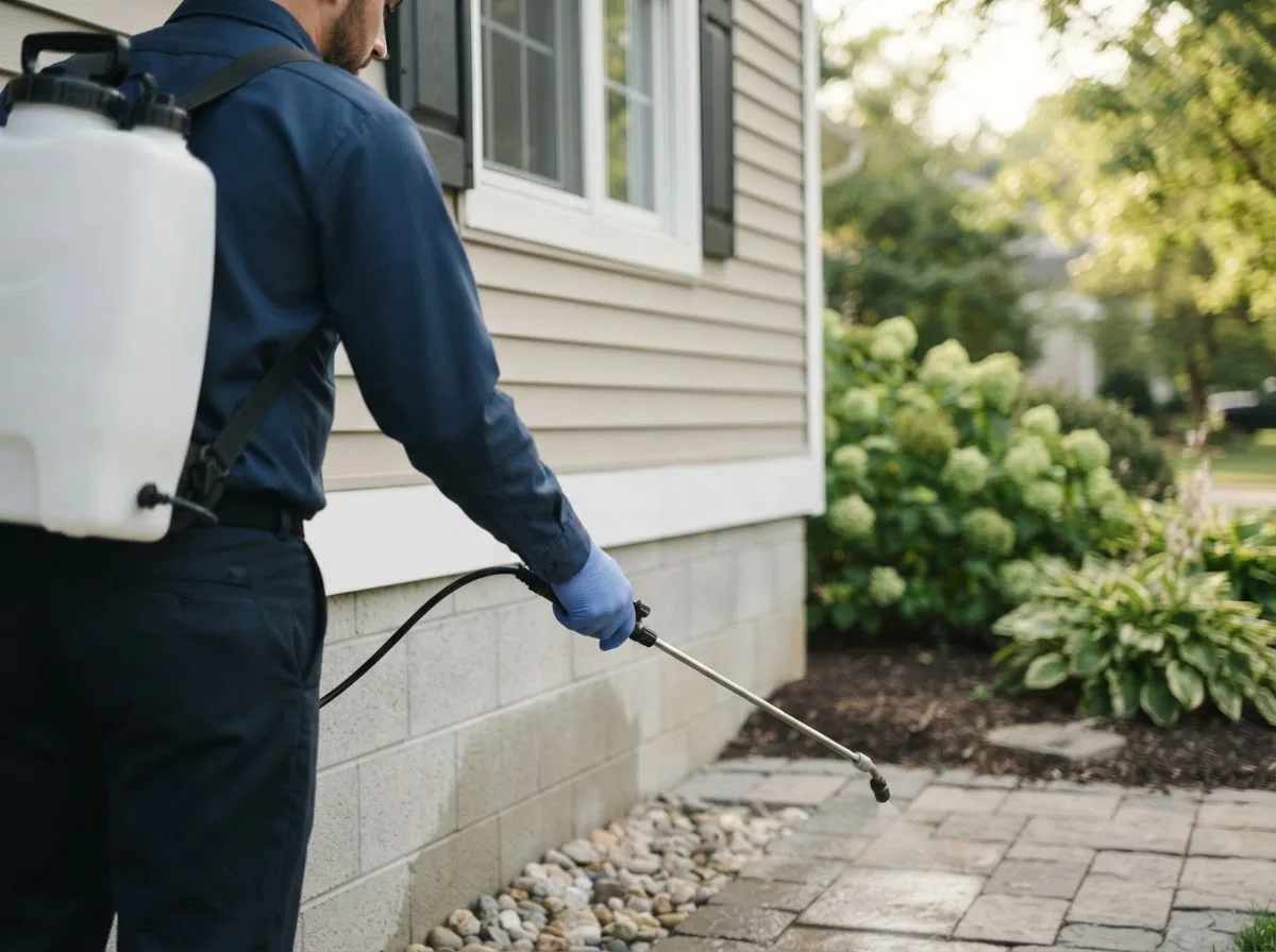 Pest control technician inspecting a home in Anmoore, WV